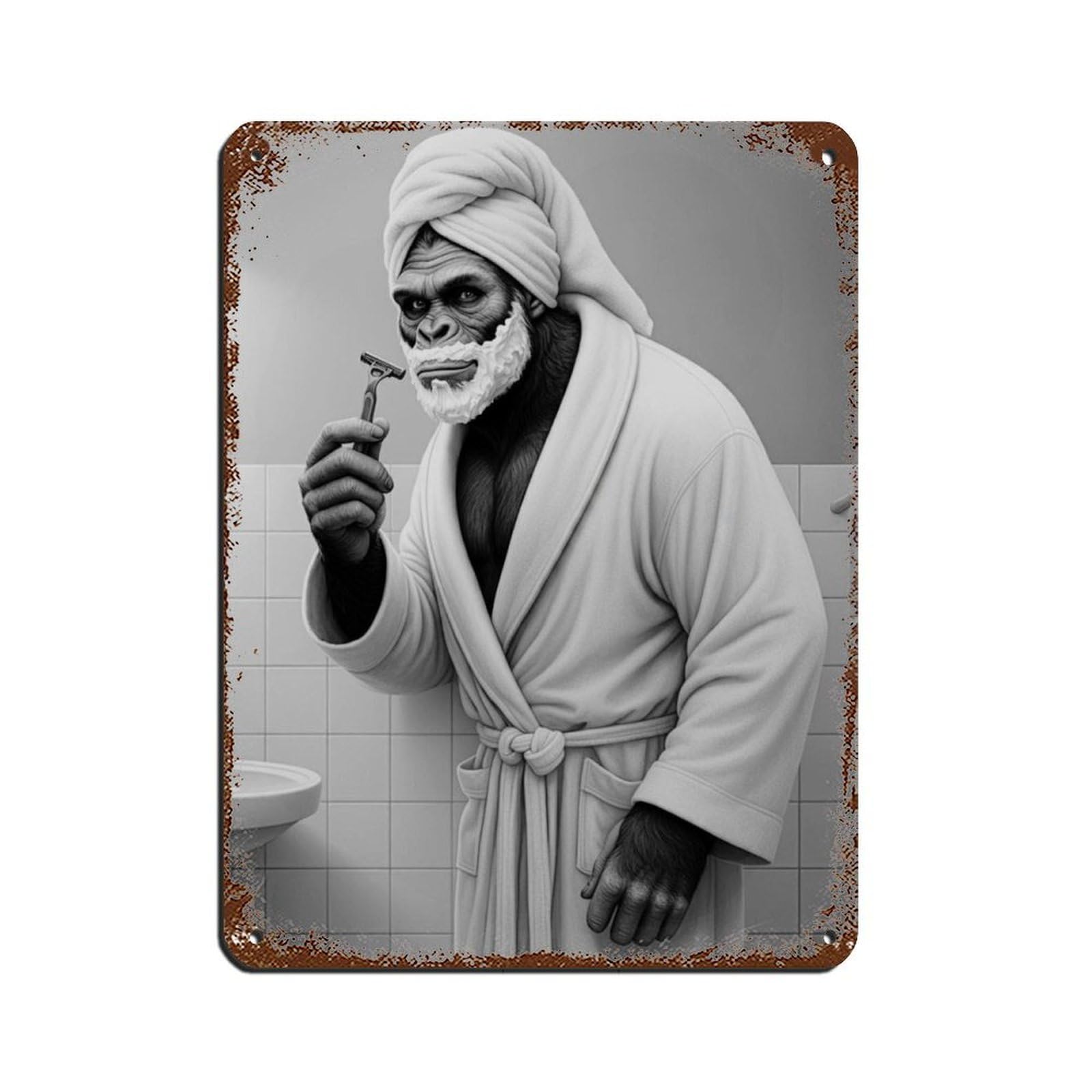 Bigfoot Sasquatch Bathroom Art, Shaving with Razor Retro Poster Metal Tin Sign Chic Art Retro Iron Painting Bar People Cave Cafe Family Garage Poster Wall Decoration 12x16inch(30x40cm)