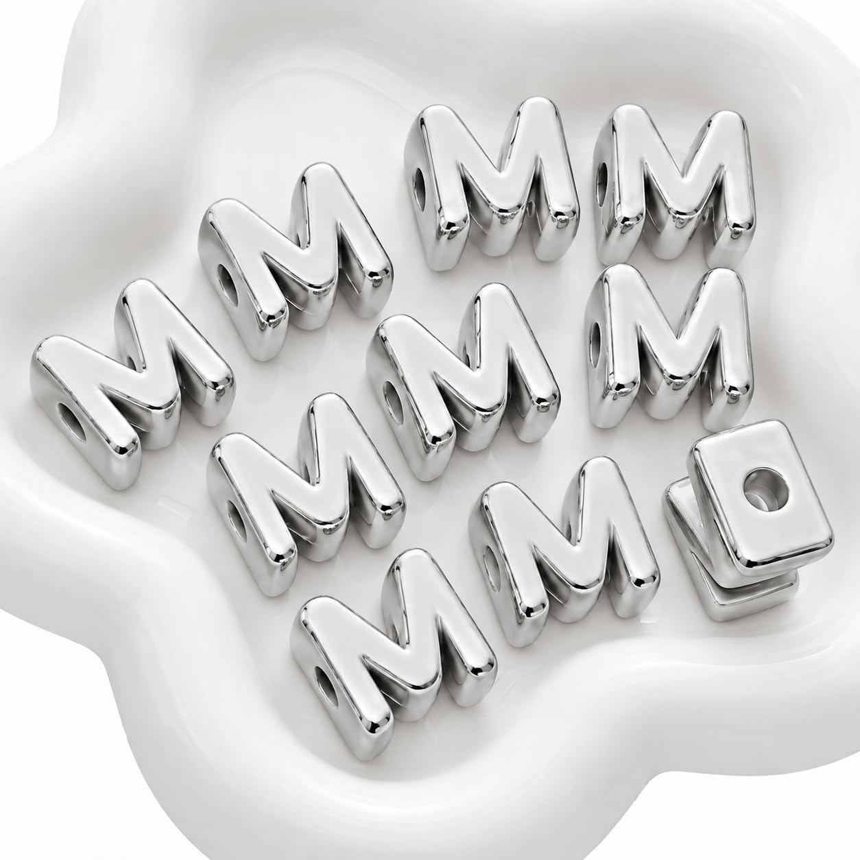 Letter Beads, 10pcs Alphabet Beads, Large Acrylic Letter Beads with 6mm Holes for Bracelet Making, Jewellery, Keyrings and Craft Projects (Silver, Letter M)