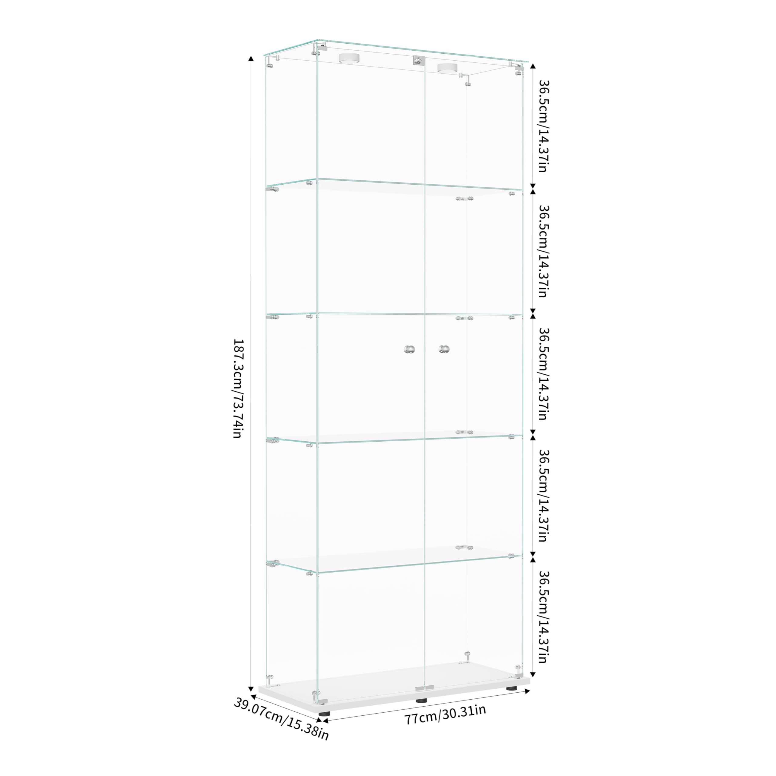 Szklana gablota z oświetleniem LED, stojące okna kolekcjonerskie, 5-warstwowe okno z 2 drzwiami i zamkiem do salonu/biura/pokoju gier, 78 x 35 x 186 cm, biały