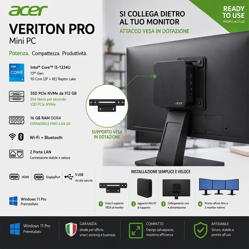 Acer Veriton Mini PC Intel i5-1334U 16GB RAM DDR4 SSD 512GB PCIe