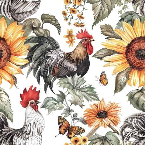 PODUFF Rooster Farmhouse Wallpaper Peel and Stick, Sunflowers and Butterflies Wallpaper for Home Decor, Colorful/Yellow/Green, 17.7in x 118in