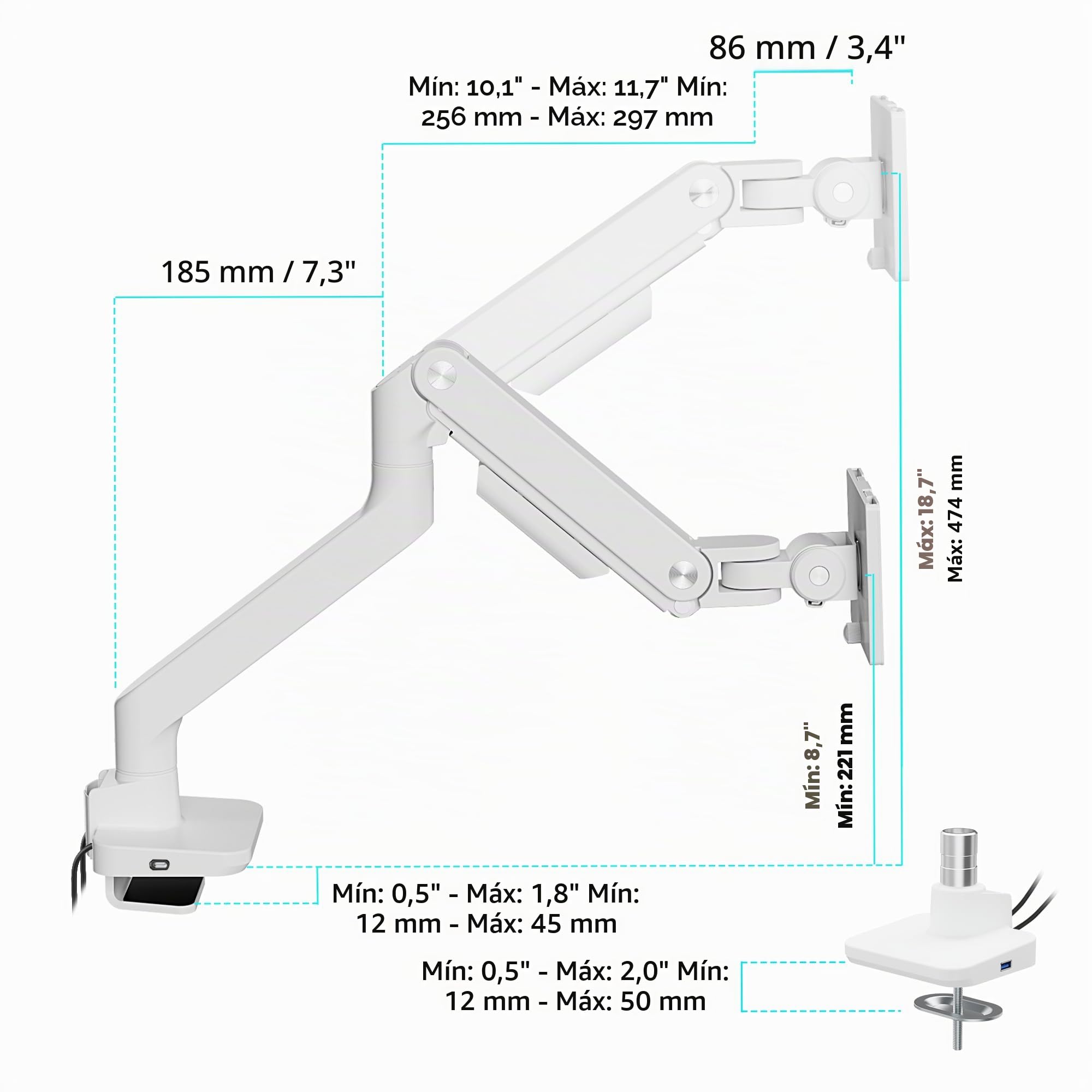 ARES WING Brazo Monitor Soporte Monitor 17-49" hasta 20kg con USB Blanco | Brazo para Monitor Plano y Curvo Ergonómico, Resorte de Gas, VESA 75/100 mm, Altura Ajustable, Giro 360°, Inclinación ±20°