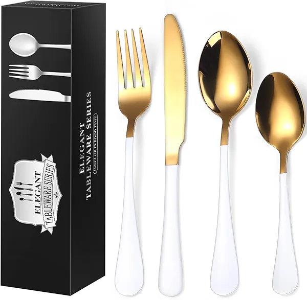 Silverware Set, 24 Pcs Heavy Duty 18/0 Stainless Steel Flatware Sets for 6, Mirror Polished Cutlery Set Including Knife Fork Spoon Set, Dishwasher Safe, White and Gold