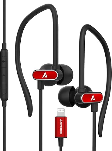 Lightning - Auriculares deportivos con gancho para la oreja para iPhone 14131211 Pro MaxXXS MaxXR - Certificado MFi con micrófono rojo