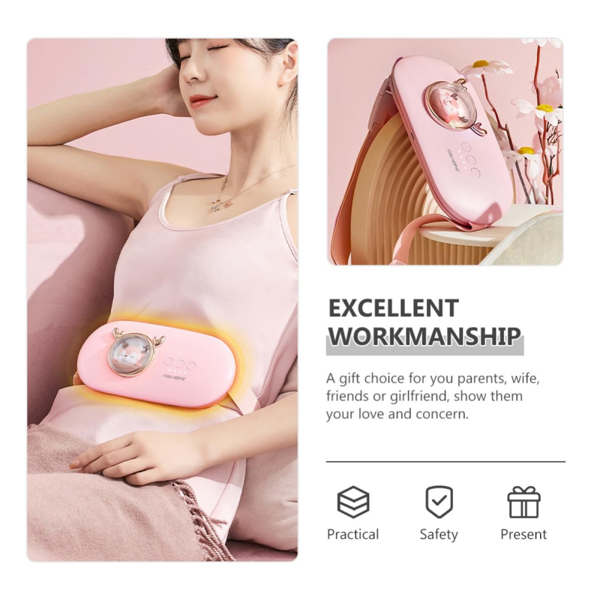 Coussin Chauffant sans Fil Rose pour Femmes, Ceinture Menstruelle 2500mah