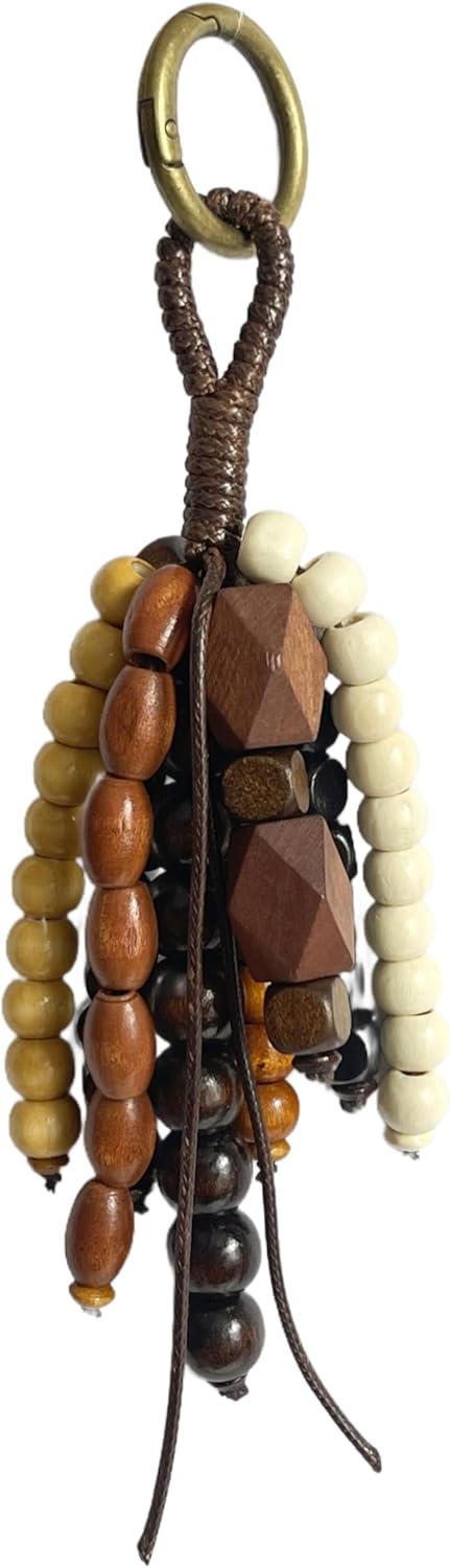 Natural Retro Handmade Wooden Beaded Keychain, Artisan-Crafted Boho Purse Charm, Vintage Decoration for Tote Bag