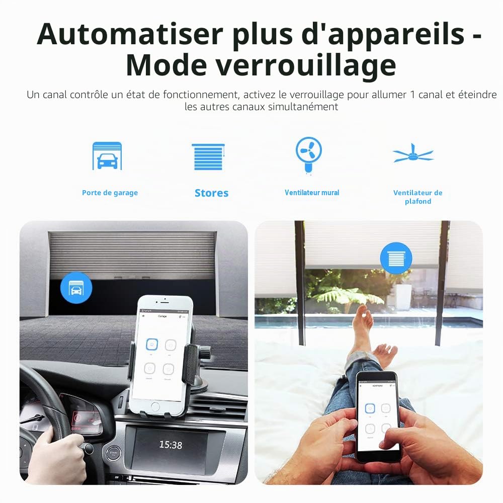 Sonoff 4CHPROR3 4 Canaux Interrupteur sans fil WiFi Intelligent RF, Inching/Autoverrouillage/Interverrouillage, Fonctionne avec Alexa & Google Home & IFTTT (retard de 1-16s en mode inching)