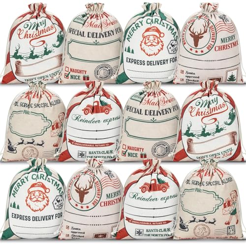 GliCraft 12 Pcs Christmas Burlap Gift Bags with Drawstring Small ...