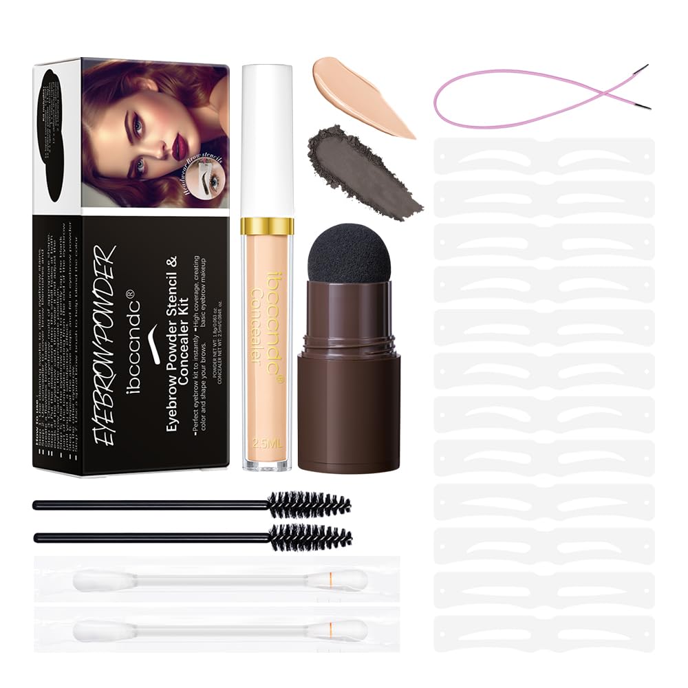 Eyebrow Stamp Stencil Kit, Eyebrow Definer Powder Stamp Makeup with Eyebrow Concealer and 12 Reusable Stencils, Long Lasting Waterproof for Perfect Brow (04# Black Brown)