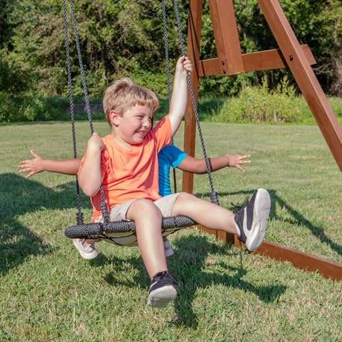 Backyard Discovery Skyfort All Cedar Swing Set, Elevated Covered Wood Roof Clubhouse with Bay Windows, 2 Belt Swings, Web Swing, 10ft Wave Slide, 5 ft Tube Slide, Covered Picnic Table, 5 ft Rock Wall - image 5