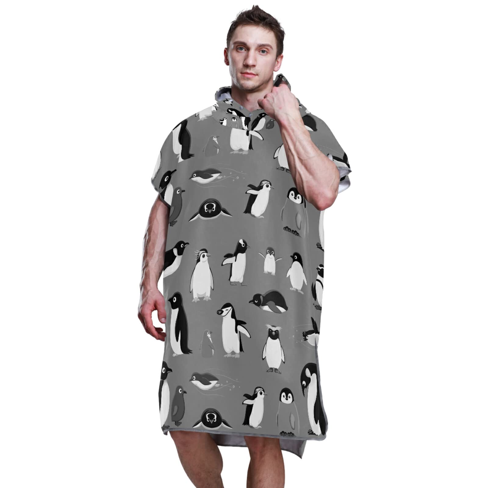 Verschiedene Cartoon-Pinguine, nahtloses Muster auf grauem Surf-Poncho, Wickelmantel mit Kapuze und Tasche, schnell trocknender Bademantel, Mikrofaser-Handtuch, Neoprenanzug für Bad, Strand, Outdoor