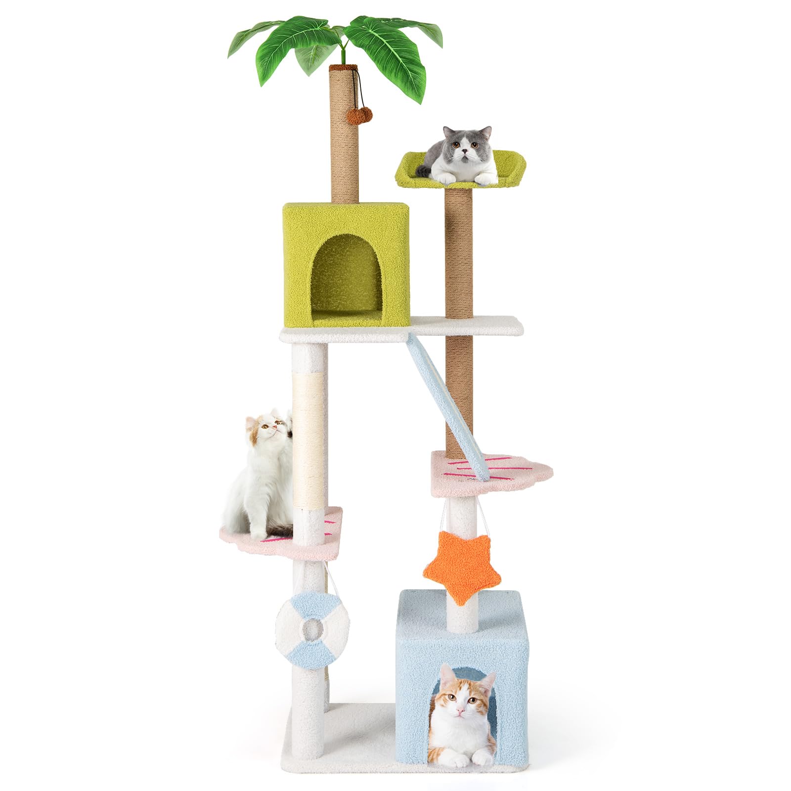 COSTWAY Tiragraffi per Gatto Alto 180 cm Stile Tropicale, Albero Tiragraffi Gatti con Pali con Corda in Juta, Piattaforme, 2 Grotte e Pompon, Torre Gatto Rivestito in Peluche, Blu e Verde