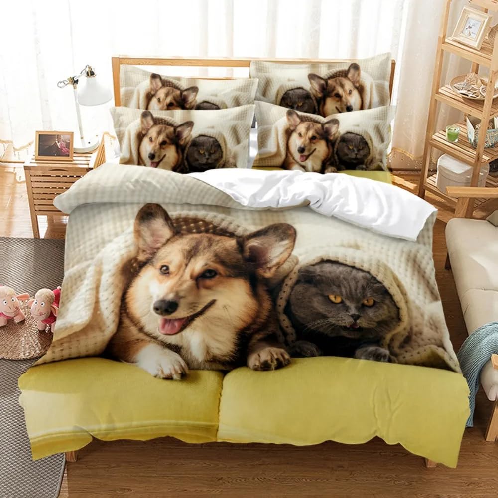 QBIDCSX Super King Duvet Set Corgi and Cat Bedding Set with Zipper Closure Microfiber Soft Breathable Duvet Cover 102.3x86.7 inch + 2 Matching Pillowcases 19x29 inch, for Adults Teenagers