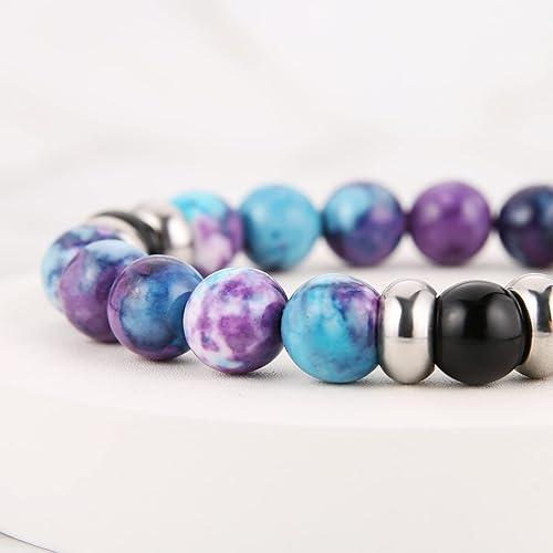 Miniatura 3 de HZMAN Beaded Bracelets for Men Women 10mm Natural Lava Rock Black Onyx Tiger Eye Stone Hematite Beads Bracelet Relief Anxiety Yoga Bracelet Elastic