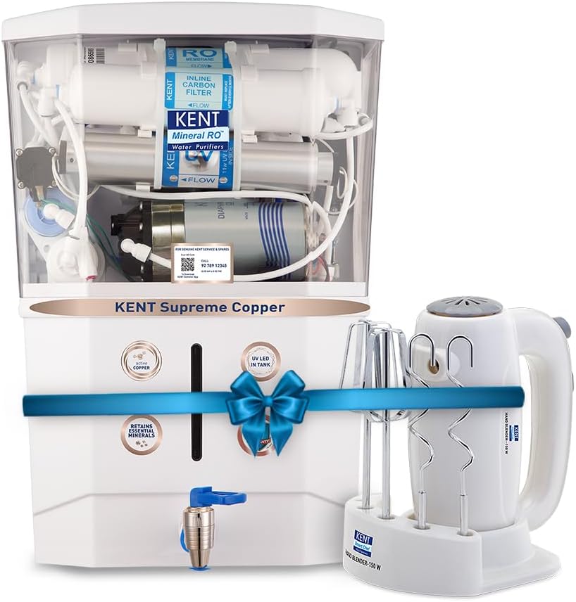 KENT Supreme Copper RO Water Purifier & Hand Blender 150 Watt | 4 Years Free Service On RO | Multiple Purification Process | RO + UV + UF + Copper + TDS Control + UV LED Tank | 8L Tank | 20 LPH Flow