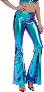 Women's Shiny Metallic Bootcut Palazzo Leggings Vintage 70s Cowgirl High Waist Bell Bottom Disco Dance Wide Leg Pants