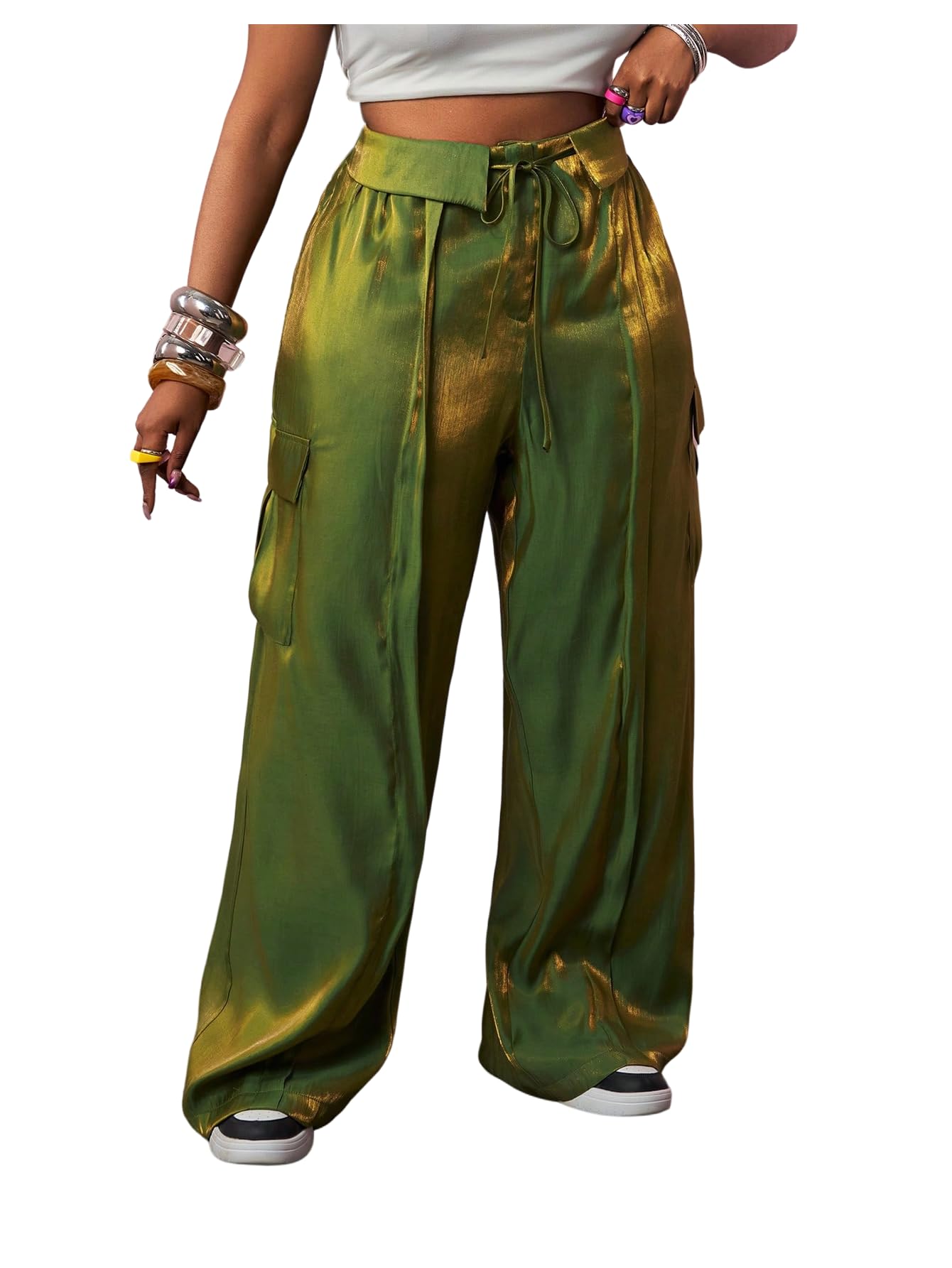 Floerns Womens Plus Size Wide Leg Cargo Pants Foldover Drawstring High Waisted Baggy Trousers