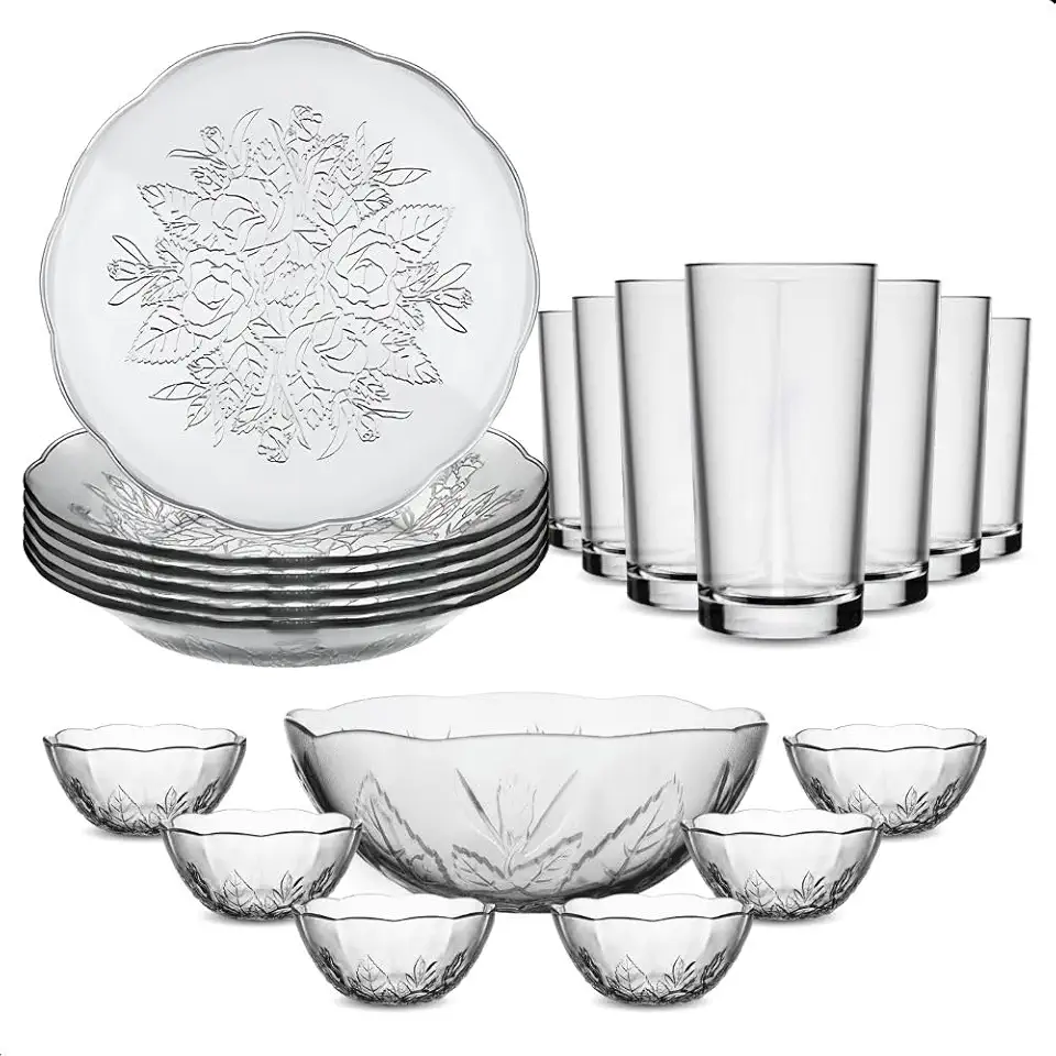 Kit Aparelho de Jantar 19 Peças em Vidro Transparente com Detalhes Florais, Inclui 6 Pratos, 6 Copos 225ml, 6 Tigelas e 1 Saladeira, Design Elegante e Moderno