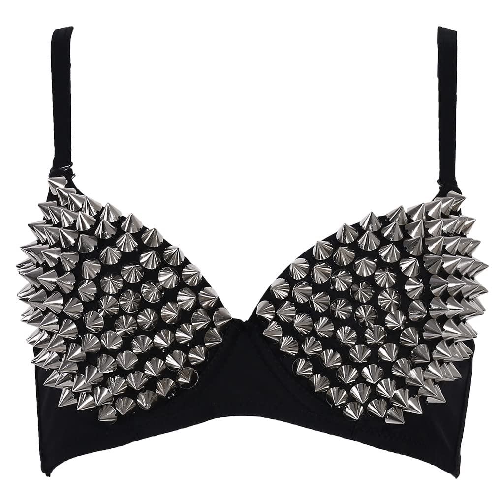 Ixkbiced Women's Sexy All-over Spike Rivet Dance Bra Metallic Punk Style Nightclub Wear