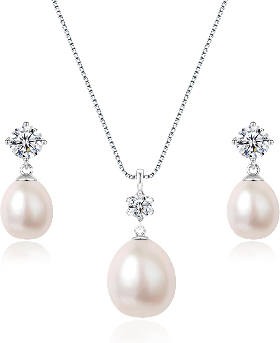 Juego de collar y pendientes de perlas de 8,5 a 0.394 in de agua dulce, juego de joyas para mujer, plata de ley 925, perlas auténticas cultivadas de color rosa, blanco y negro, hipoalergénicas, regalos de joyería para esposa, mamá, Frined