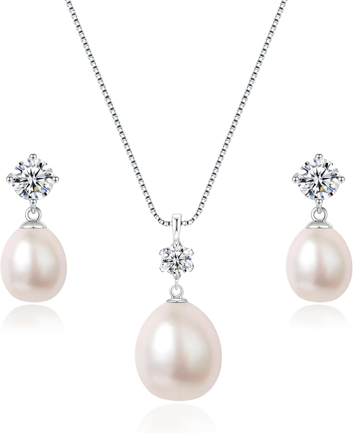 Pearl Necklace and Earrings Set 8.5-10mm Freshwater Real Pearl Jewelry Set for Women 925 Sterling Silver Hypoallergenic Pink, White, Black Cultured Genuine Pearls ,Jewelry Gifts for Wife,Mom,Frined