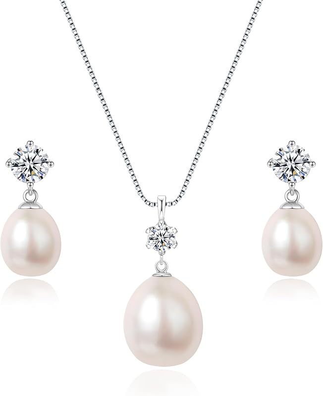 Juego de collar y pendientes de perlas de 8,5 a 0.394 in de agua dulce, juego de joyas para mujer, plata de ley 925, perlas auténticas cultivadas de color rosa, blanco y negro, hipoalergénicas, regalos de joyería para esposa, mamá, Frined