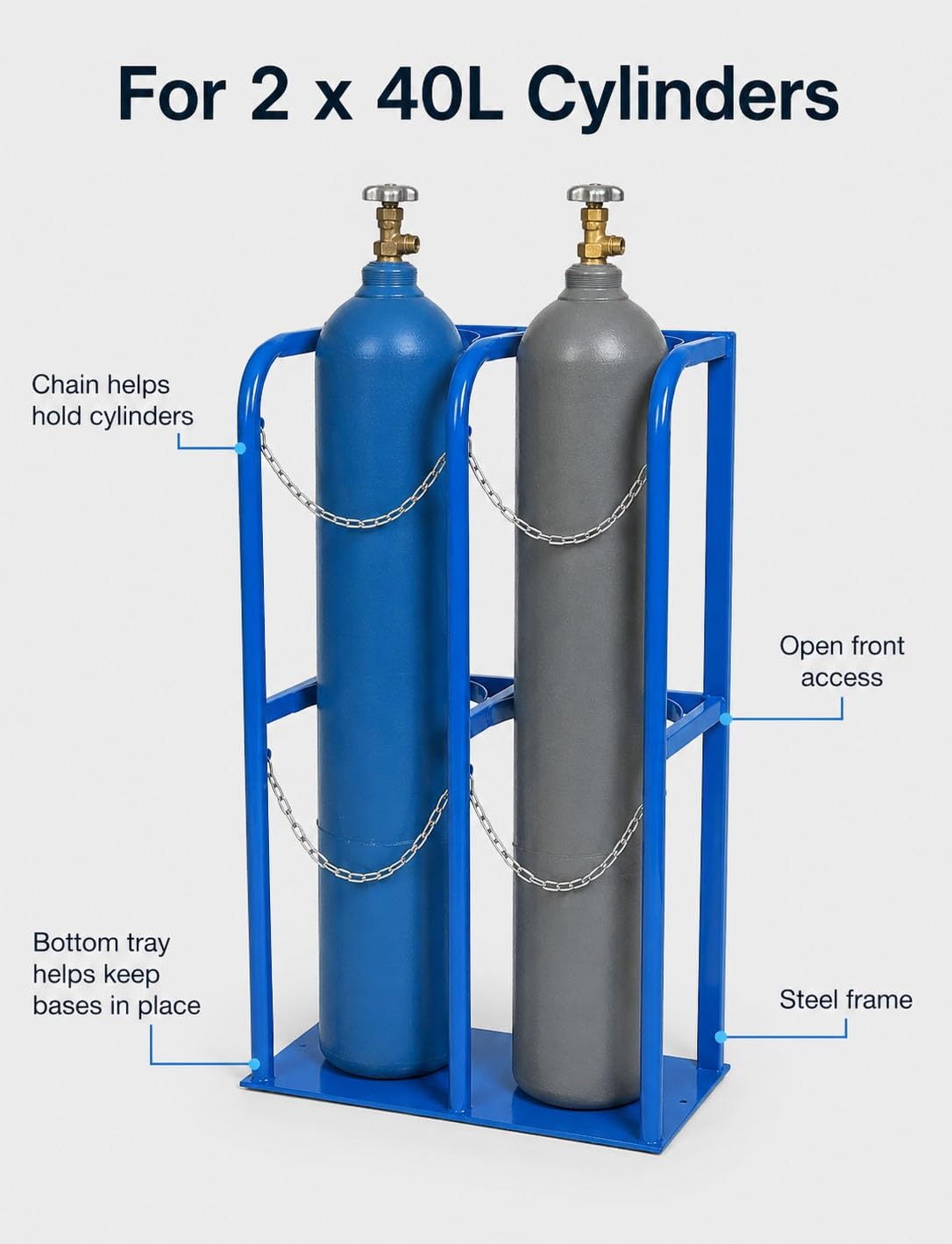 Soporte para 2 bombonas de gas 40L, estante de acero con cadenas ajustables, ranura en U y orificios de fijación, taller laboratorio