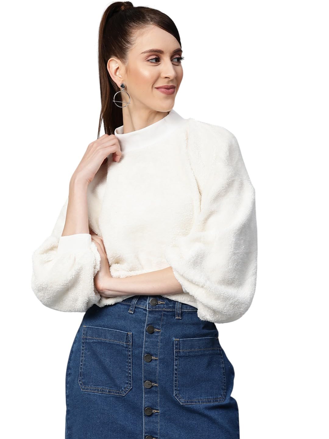 sassafras Women Balloon Sleeve Faux Fur Sweatshirt-picture-46