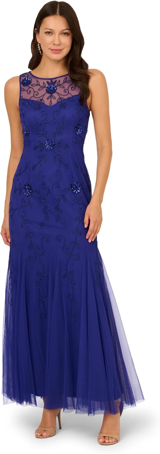 Adrianna Papell Womens Bead Mesh Long Dress