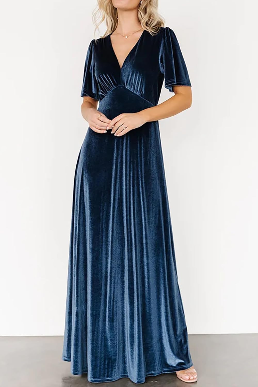 R.Vivimos Womens Fall Velvet Maxi Dress 2026 Short Sleeve V Neck Elegant Vintage Flowy Long Dresses - Image 2