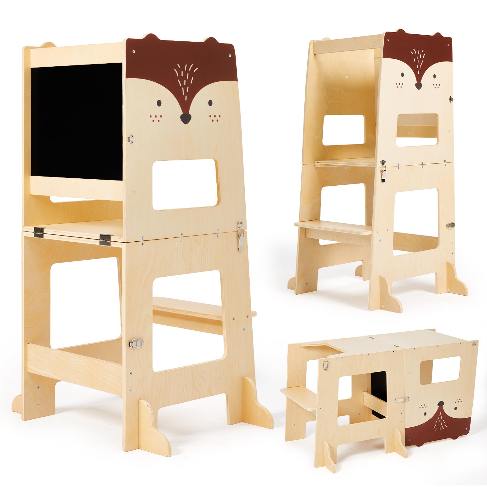 labebe Lernturm ab 1 Jahr， klappbar Montessori Learning Tower | 3 in 1 Montessori Lernturm Kinder mit Message Boards ab 1 Jahr aus Holzwerkstoff