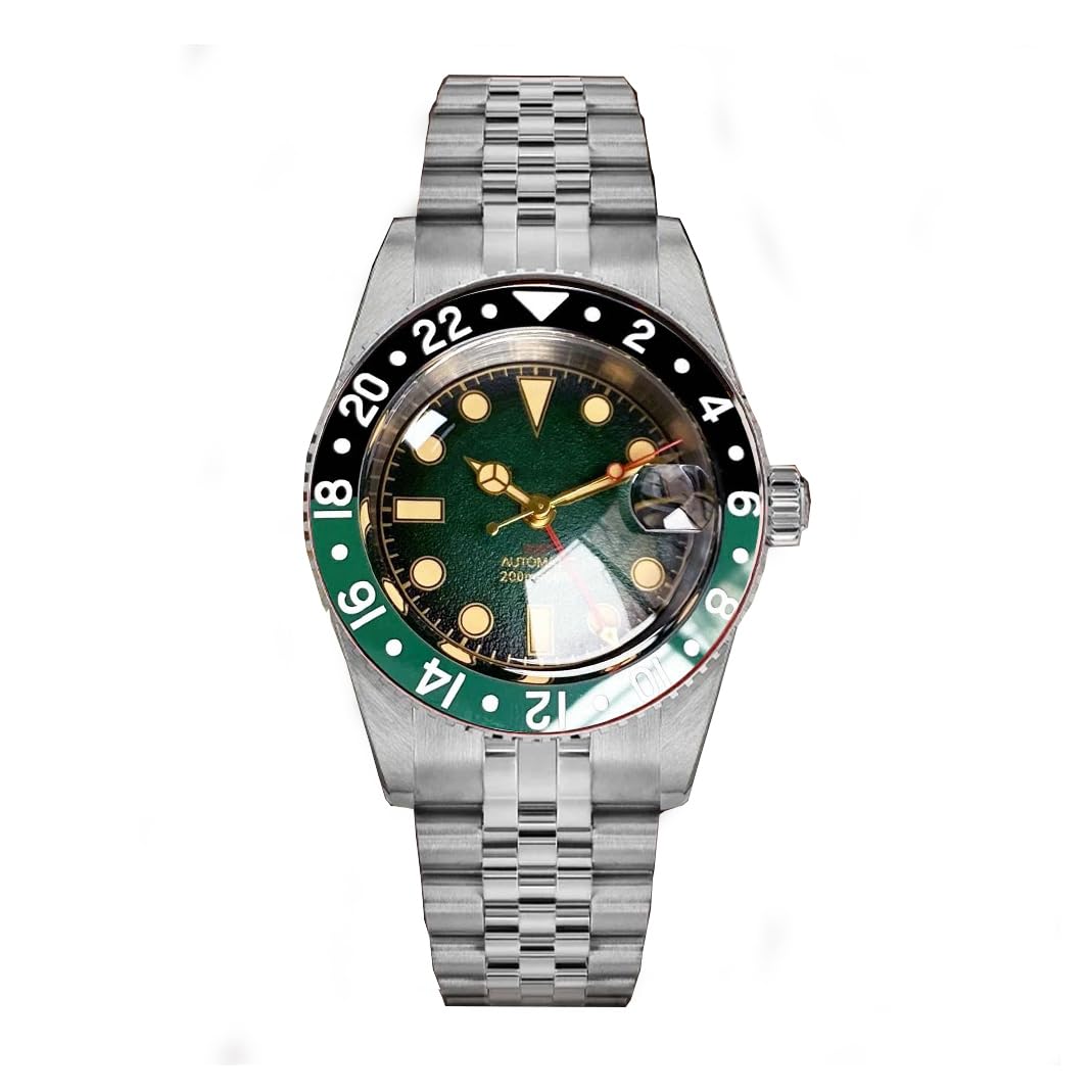 38 mm automatyczne mechaniczne zegarki GMT NH34 ruch wypukły szafirowy kryształ, stal nierdzewna 316L bransoletka jubileuszowa nurkowanie męski zegarek