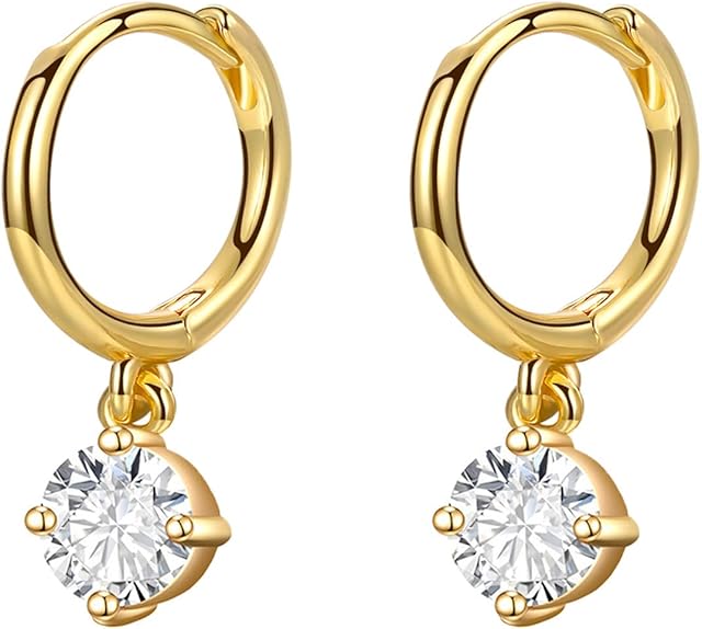 925 Silver Gold Hoop Earring for Women,Small Huggie Hoop Earrings 18K White Gold with Sparkling Round Drop Dangling Cubic Zirconia with Jewellery Gift for Women Girls Birthday Christmas Wedding