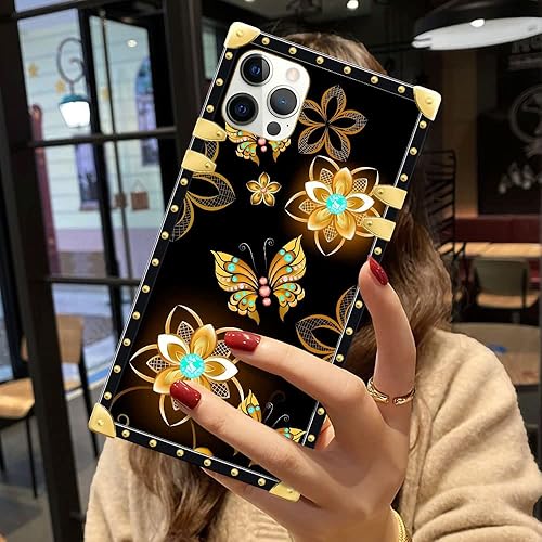 Miniatura 6 de DAIZAG Funda compatible con iPhone 11 Pro Max, diseño de flores doradas, mariposa dorada, decoración de esquina de metal, TPU suave, a prueba de