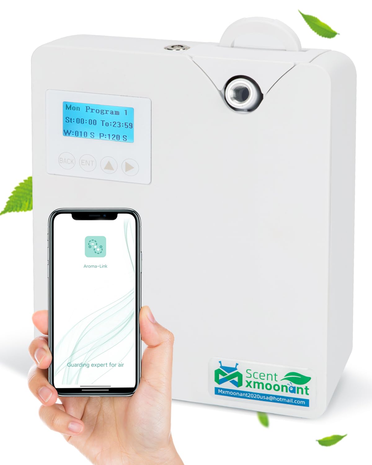 Mxmoonant Difusor de Aceite Esencial sin Agua, Que Cubre 80-120㎡, Botella de Aceite de 300ml, de Pared, App Control&Timer, HVAC Conectable, para Habitación Grande, Hotelaria, Restaurante | Control App y temporizador, compatible HVAC, gran pantalla LCD, pa