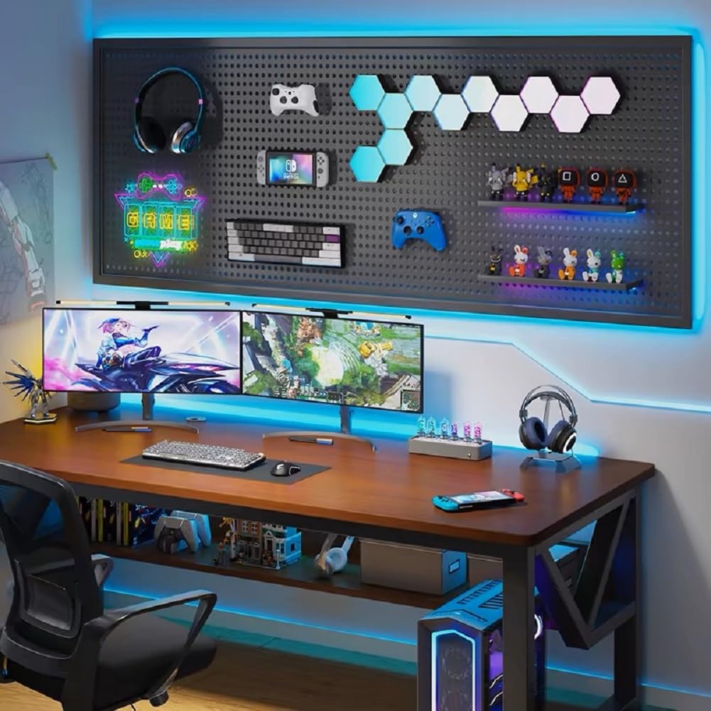 Stecktafel mit RGB- und IC-LED-Lichtstreifen, 2 Metall-Stecktafeln, robust, Gaming-Raum-Wand-Organizer mit Haken, DIY-RGB-Gaming-Setup-Organizer, Wandmontage, 30,5 x