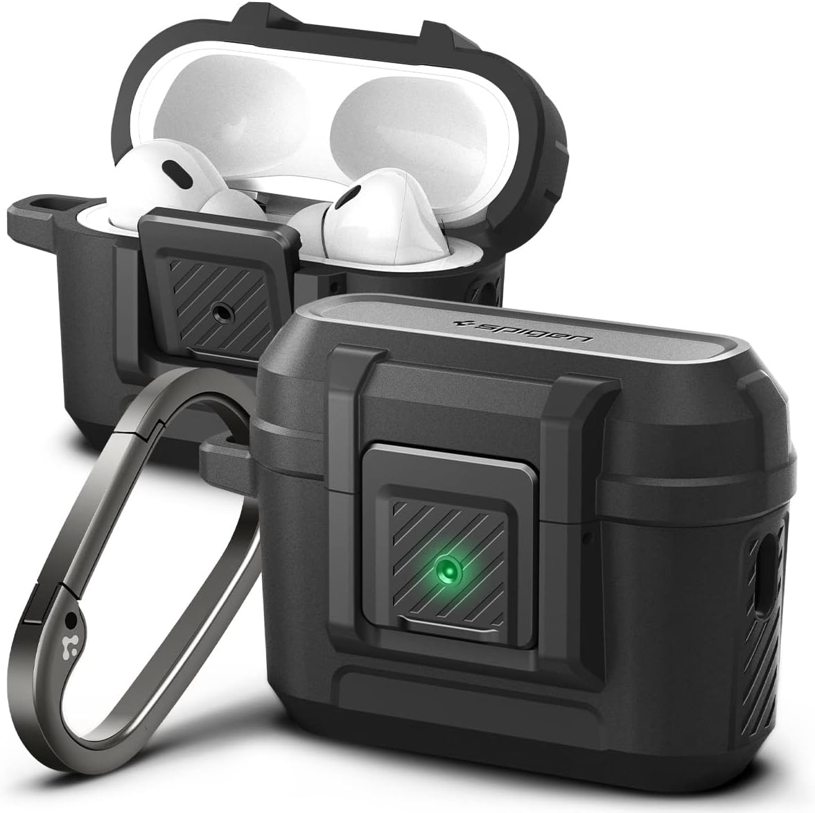 Spigen Airpods Pro2 Case, Locking Function, Wireless Charging, Anti-Lost, Carabiner, Integrated Shockproof Cover, Shock Absorption, Charging Light, Lock Fit, ACS05485 (Matte Black)