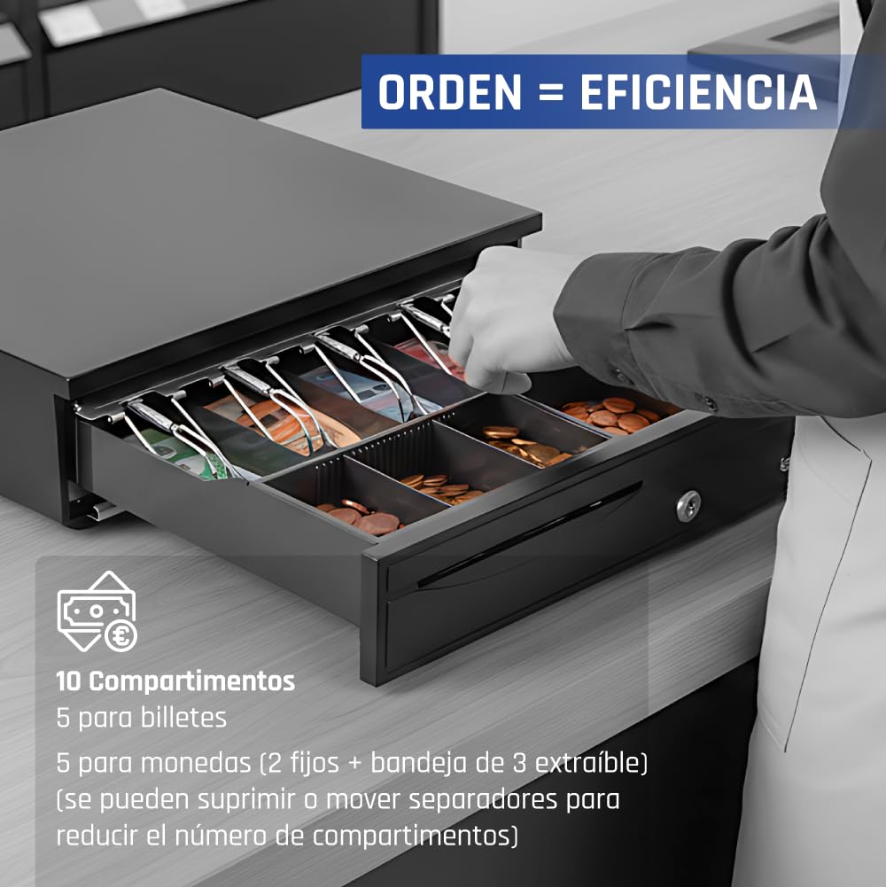 iggual Cajón Portamonedas IRON-30. Caja Efectivo Registradora Manual o Automáticapara 5 Billetes y 5 Monedas. Cerradura 3 Posiciones. Material Acero+Plástico. Uso profesional- Negro (42x40.5x10)