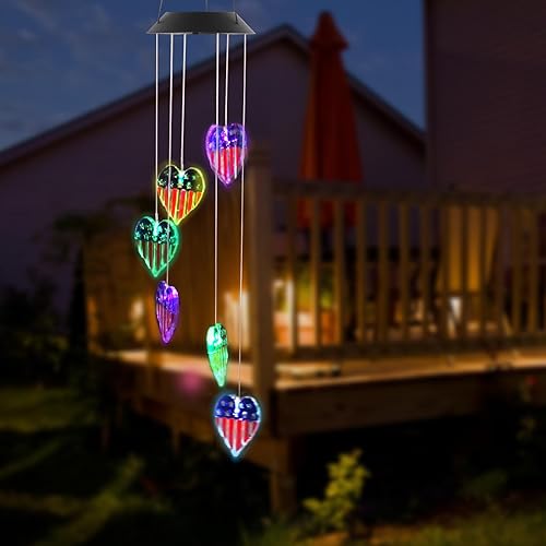 Campanilla de viento solar con la bandera estadounidense, luz de campanilla de viento patriótica, decoración colgante, regalos para jardín al aire