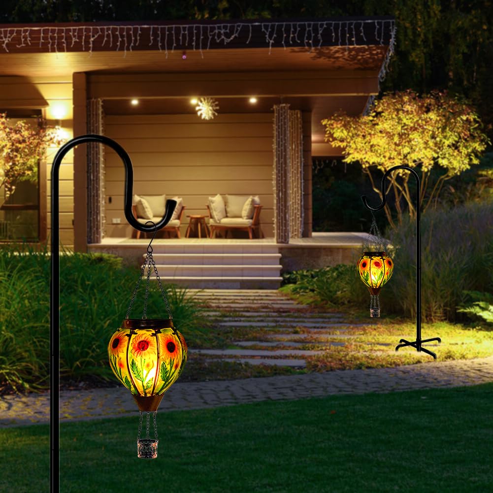 Starsoul 2 pz girasoli mongolfiera lanterna solare con fiamma vetro appeso all'aperto mongolfiera luce solare impermeabile giardino patio cortile decorazioni per feste