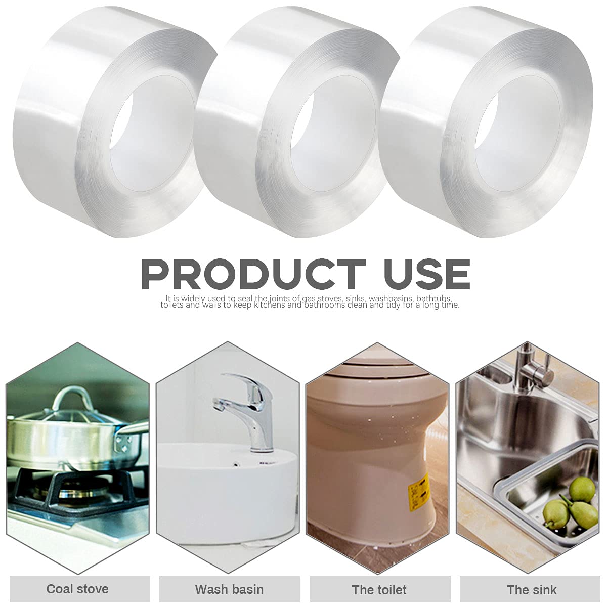 WYKOO 3 Rolls Clear Waterproof Self Adhesive Caulk Tape for Kitchen, Sink, Bathtub, Bathroom, Shower, Toilet, 1.2 Inch Width x 16.4 Feet Length Per Roll: Industrial & Scientific