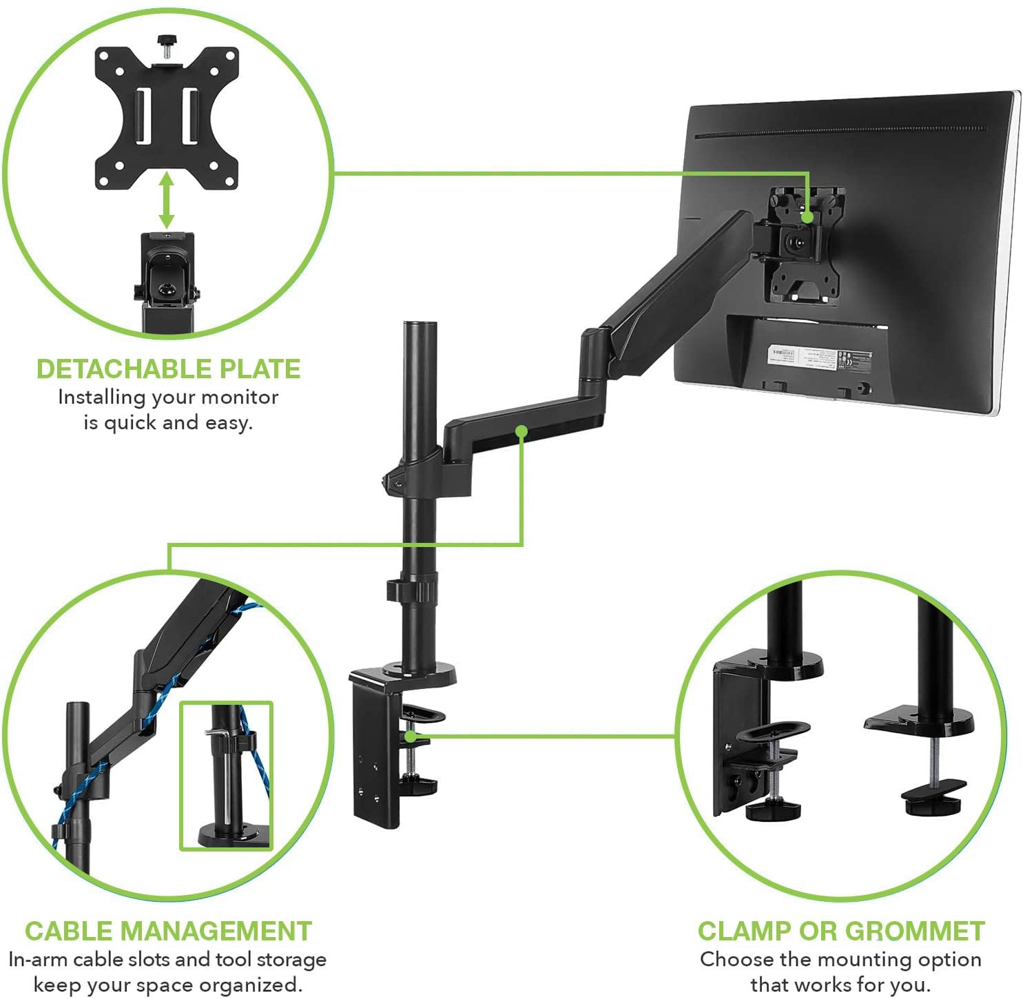 Techly 102772 Supporto da Scrivania per Monitor 17-32" con Molla a Gas Estensione 420 mm Nero