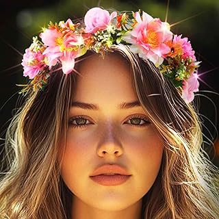 DRESBE Light Up Floral Headband LED Flower Wreath Crown Headbands Glowing Festival Garland Hair Accessories for Women (Pink)