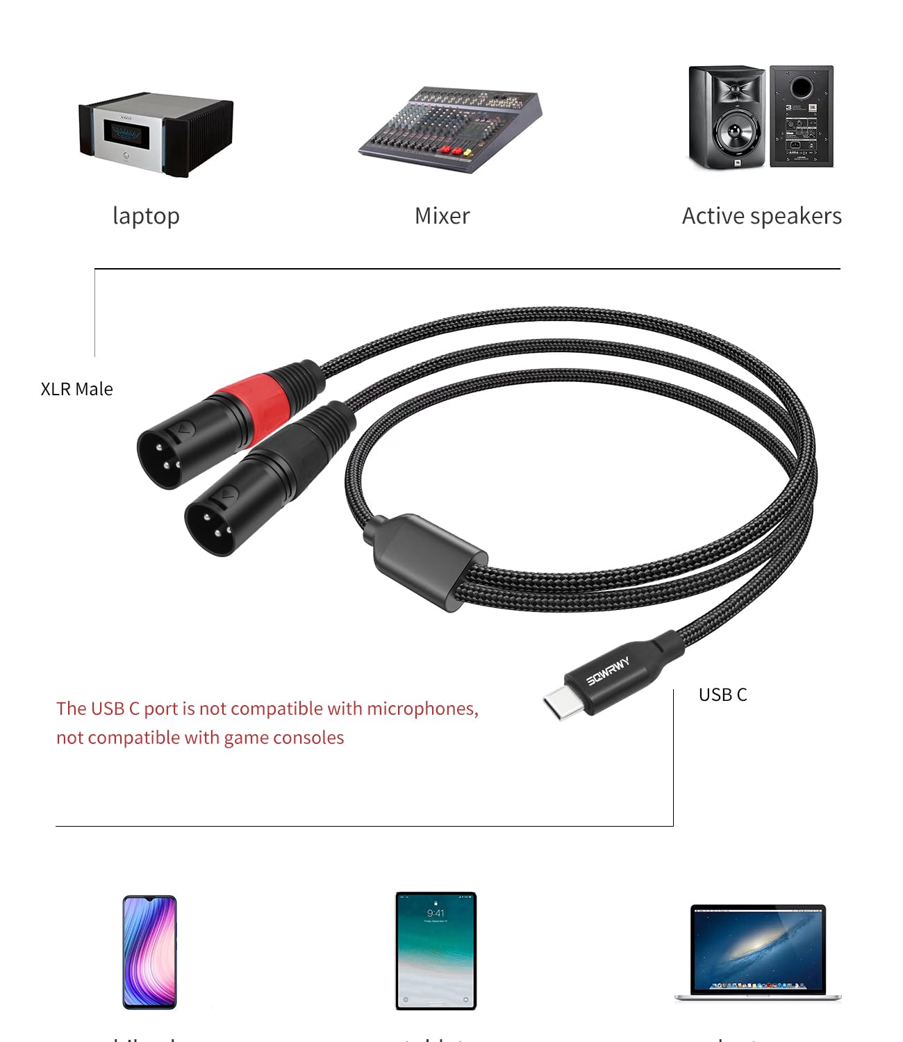 Kabel audio USB C na Dual XLR, 2 m, stereo typu C na 2 XLR kabel rozdzielający Y do smartfona, laptopa, tabletu do aktywnego głośnika, miksera, wzmacniacza, kompatybilny z Windows, MacOS, iOS