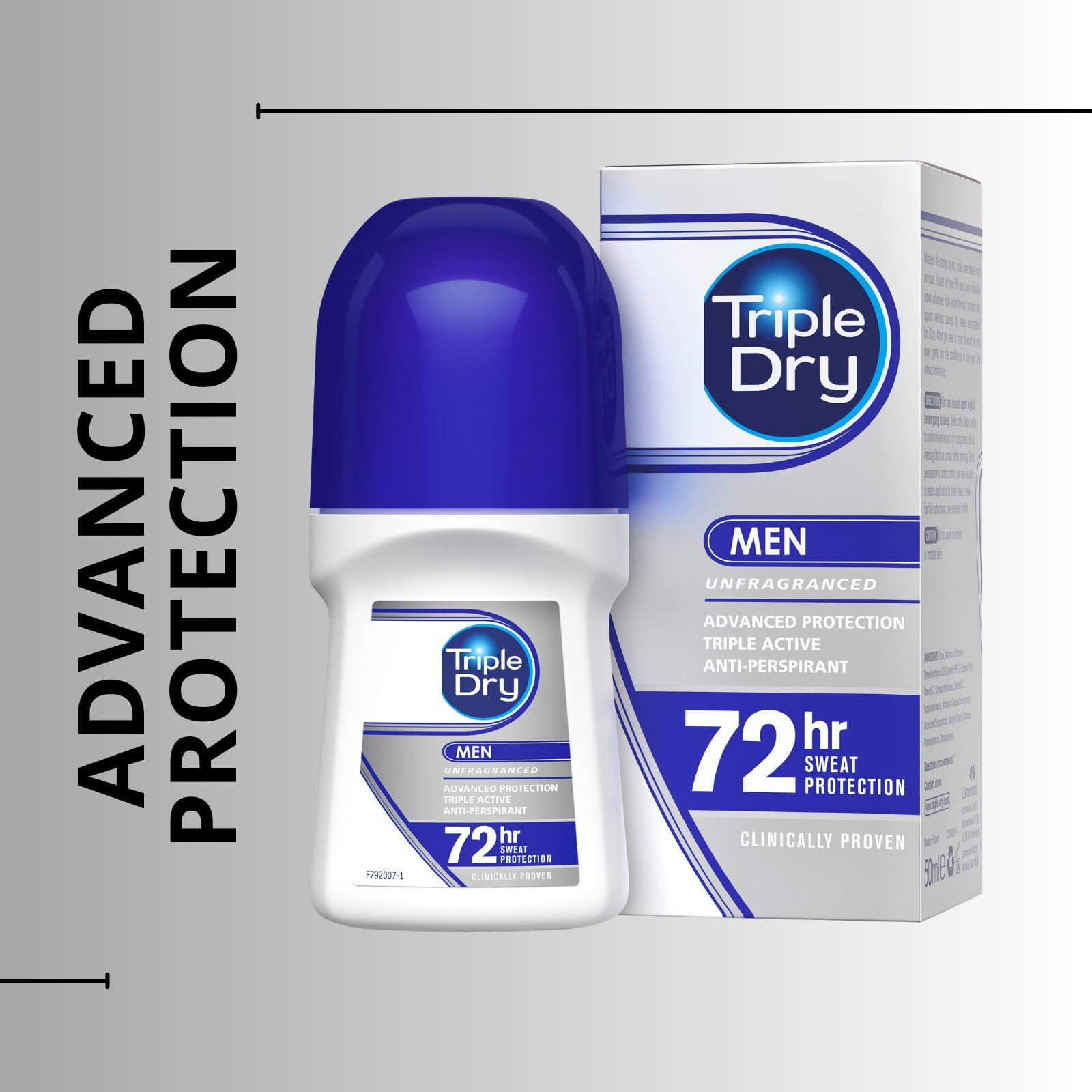 Triple Dry Men | Anti-Perspirant Roll On 50ml | 72-Hour Protection Against Excessive Sweating | Fights Odour | Triple Active Formula | Fragrance-Free | Clinically Proven | Male