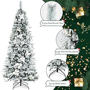 Goplus Snow Flocked Pencil Christmas Tree, 7FT Hinged Artificial Skinny Xmas Tree with White Berries, Poinsettia Flowers and Folding Metal Stand, Perfect for Holiday Indoor Décor Goplus Snow Flocked Pencil Christmas Tree 7FT Hinged Artificial Skinny Xmas Tree with White Berries Poinsettia Flowers and Folding Metal Stand Perfect for Holiday Indoor Decor