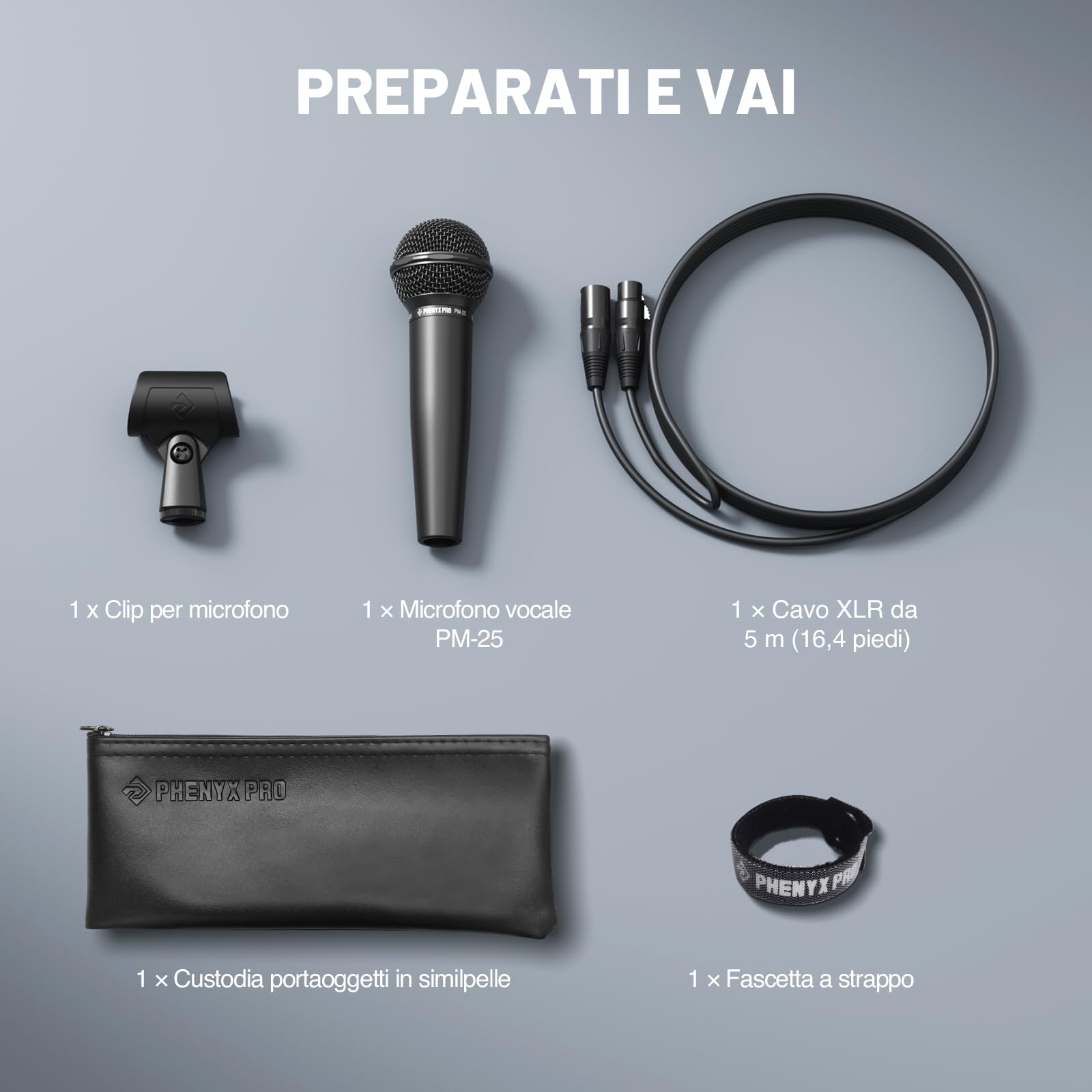 Phenyx Pro Microfono Vocale Dinamico Cardioide XLR PM-25 | Capsula cardioide, Microfono palmare dinamico, Cavo XLR 5 m, Clip microfono, Borsa trasporto, Canto, Palco, Studio, Karaoke