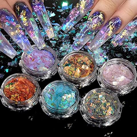 QIMYAR 6 Colors Mermaid Nail Art Glitter Flakes Colorful Mermaid Nail Flakes Glitter Nail Sequins Stickers for Nail Art Face Body Beauty Craft Decorations Cover