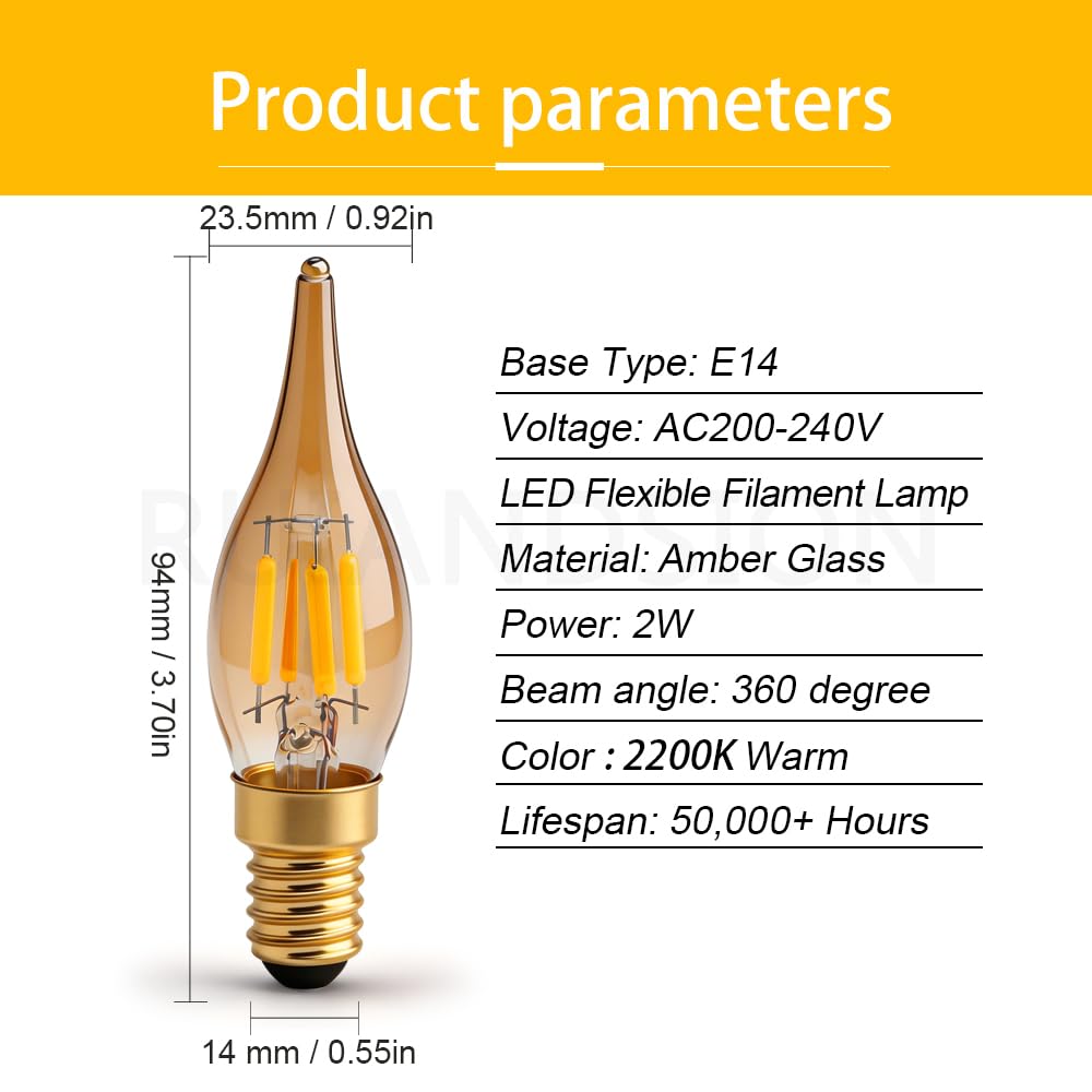 Ruiandsion E14 Amberglas-Lampe, 220-240V, warmes Leuchten, 12er-Pack CA7 mit 4 Filamenten, dekorative Lampe für Außenwandlampen, Fensterbeleuchtung