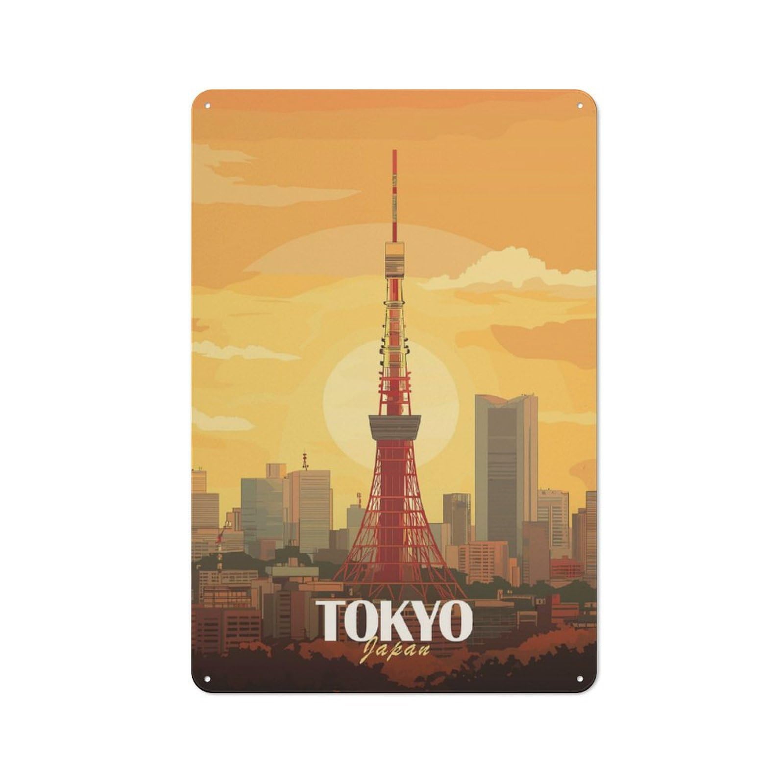 Metal Wall Plaque with Tokyo Tower Sunset Design 30x20cm, Simple Retro Studio Wall Plaque for Hobby Room, Office, Lounge Or Living Room